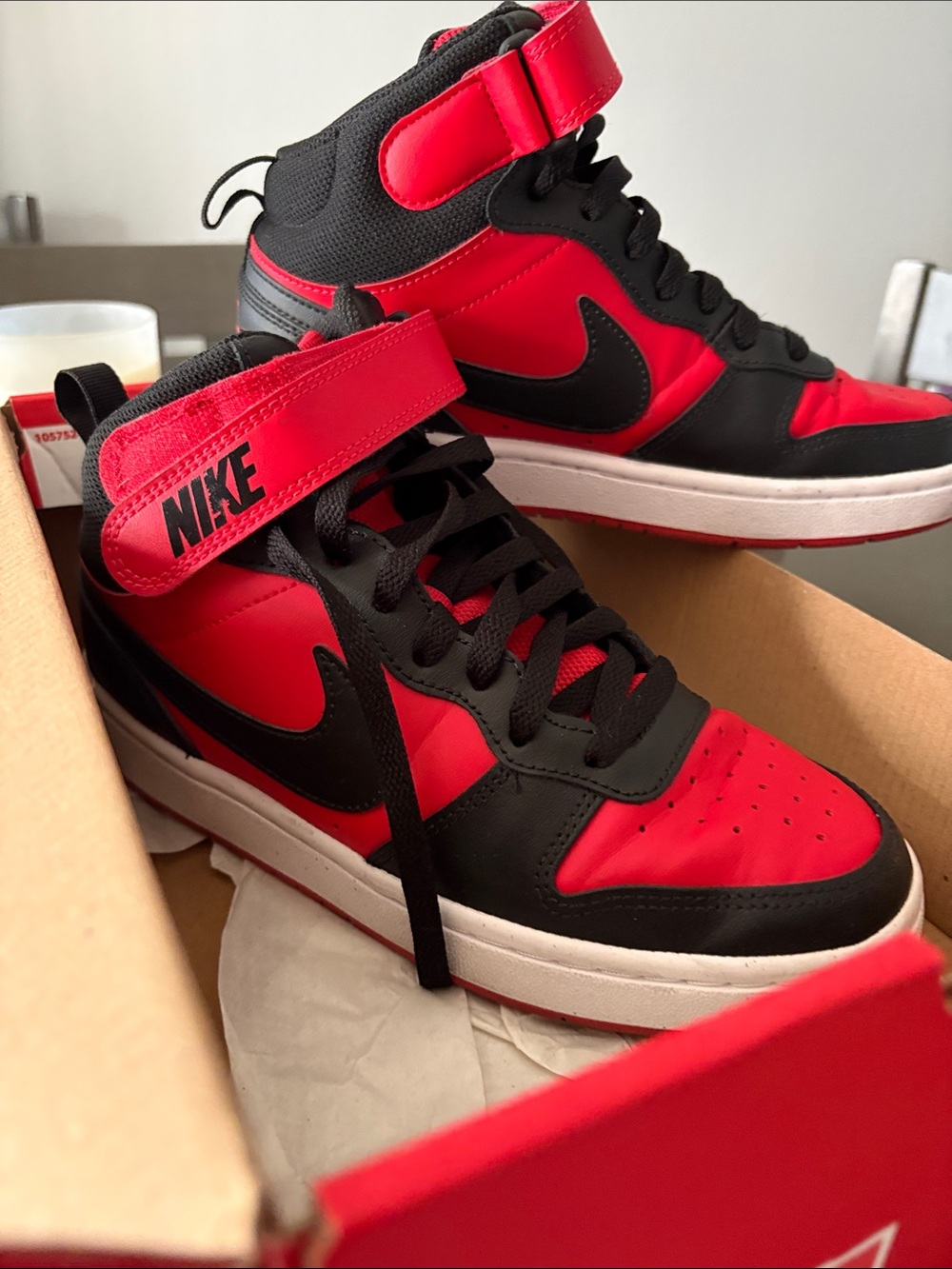 Nike Kids Red and Black High-Top Sneakers with Strap